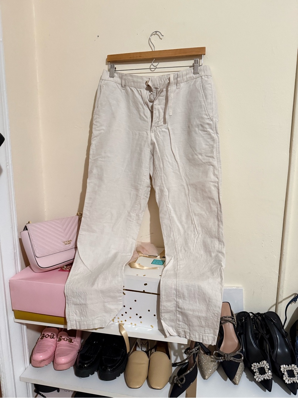 Uniqlo Cream Drawstring Linen-Blend Pants